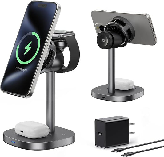 havit 3 in 1 Magnetic Wireless Charging Station, 15W Fast Charging Stand with Cooling Fan, Adjustable Phone Holder, Strong Magnet Charger for iPhone, Apple Watch & AirPods, 45W Adapter Included