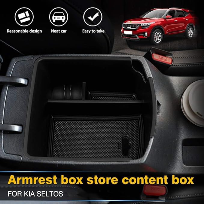 Autorder Center Console Organizer for Kia Seltos 2021 2022 2023 2024 2025 2026 Accessories Armrest Storage Box Secondary Insert Tray with 2 Color Mats