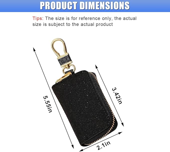 Bling Car Key Case, Leather Keyring Zipper Bag with Metal Hook, Remote Key Fob Cover, Auto Keychain Holder (Black)