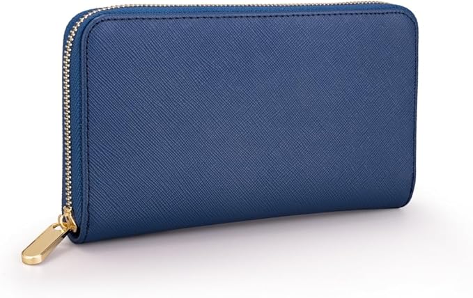 Luxury Real Leather Zip Around Travel Wallet | Large Capicity Card Holder Organizer | Classic Phone Clutch for Men Women (Navy - Saffiano Leather)