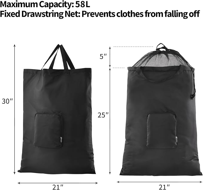 Travel Laundry Bags, 2Pcs JHX Foldable Dirty Clothes Bag 【Upgraded】 with Fixed Drawstring Net, Handles and Carabiner, Portable Laundry Bags for Travel and Fitness (Black+Grey) 30"H x 21"W