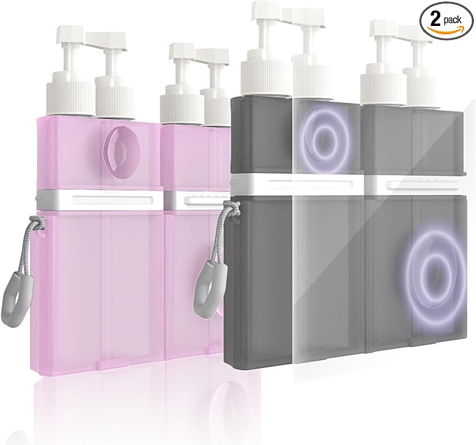 4 in 1 Travel Dispenser Bottle, TSA Approved Refillable Shampoo and Conditioner Bottles Set with Suction Cup for Smooth Walls, Travel Size Toiletries Container for Body Wash/Lotion.(Pink+Grey) 2P