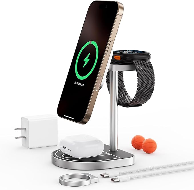 KU XIU X85 3-in-1 Wireless Charger Stand, Magnetic Charging Station for iPhone 17??2 & iPhone Air, Apple Watch S11??/SE/Ultra, AirPods 4/3/2/Pro ??Adjustable Stand, Basketball Court-Inspired Design
