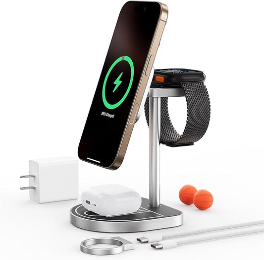 KU XIU X85 3-in-1 Wireless Charger Stand, Magnetic Charging Station for iPhone 17??2 & iPhone Air, Apple Watch S11??/SE/Ultra, AirPods 4/3/2/Pro ??Adjustable Stand, Basketball Court-Inspired Design
