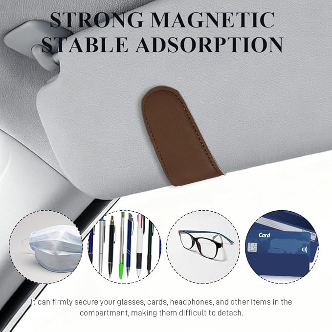 Magnetic Sunglass Holder for Car Visor, Sunglasses Visor Clip, Magnetic Leather Vehicle Glasses Ticket Card Clip, Automotive Eyeglass Hanger Organizer Accessories for Most Vehicles (Brown)