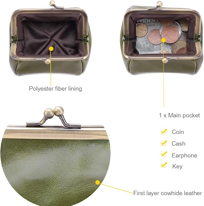 Genuine Leather Mini Vintage Coin Purse Kiss Lock change purse Cute Coin Purse Coin Organizer (Green)