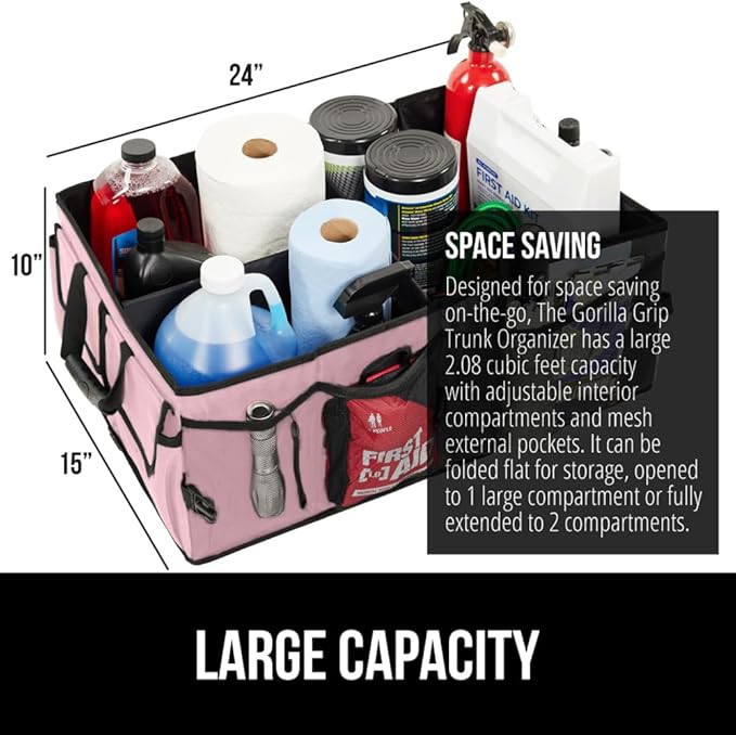 GORILLA GRIP Large Capacity Sturdy Trunk Storage Organizer, Slip and Water Resistant Collapsible Organization Container for Car Sedan or SUV, Multi Compartment Box Vehicle Accessories, Pink