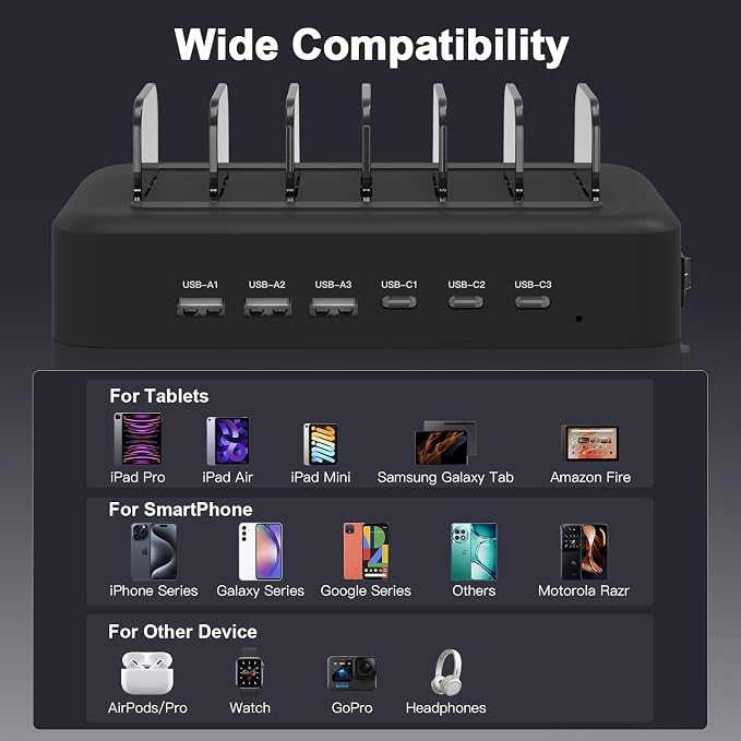 MSTJRY 90W 6-Port USB C Fast Charging Station for Multiple Devices, Multi PD Charger Station for iPhone iPad Tablet Phone, Charging Dock Organizer with Adjustable Dividers for Home Office Classroom