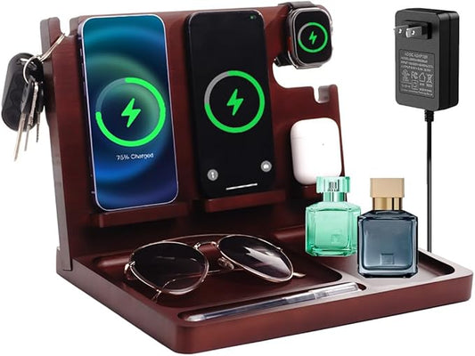 Nightstand Organizer with Dual Phone Wireless Charging Station for 2 iPhone,Apple Watch and Airpods,Bamboo Phone Docking Station,Gifts for Men Dad Husband