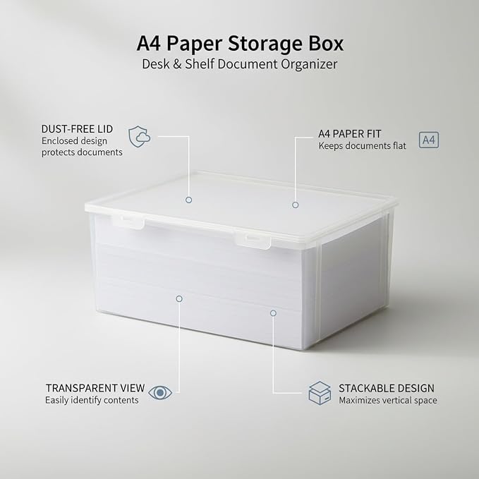 Clear A4 Document Storage Box with Lid, Stackable PP File Organizer for Office Desk & Shelf