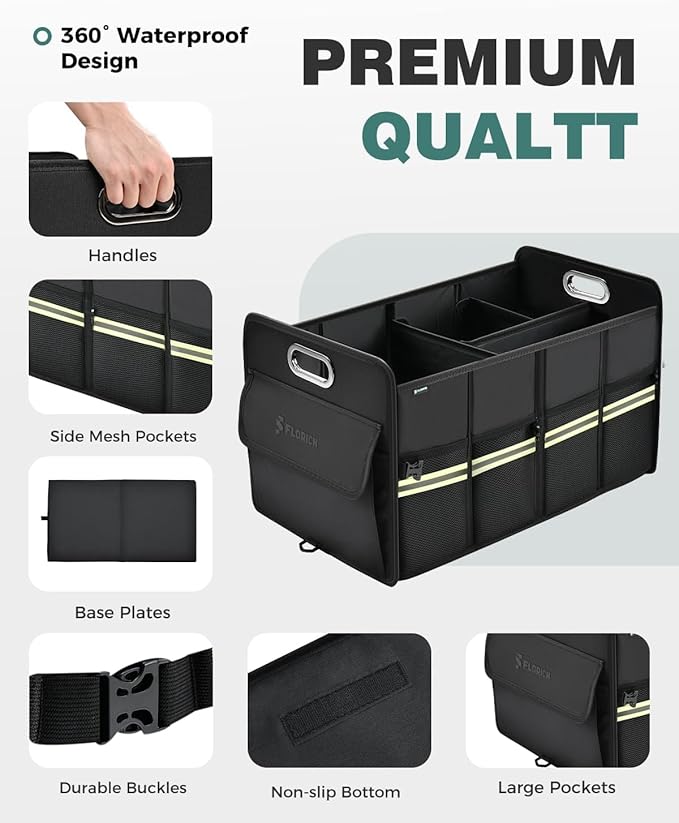 FLORICH Update Trunk Organizer for Suv, Premium Waterproof Car Organizers and Storage, Collapsible Multi-Compartment Truck Organizer Back Seat Storage for Car