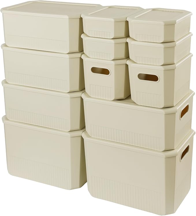 ANMINY 12PCS Plastic Storage Bins Containers with Lids, Large Storage Organization Bins Boxes, Lidded Plastic Storage Baskets for Closet Shelves Desktop, Ivory Lids, 2XL + 4L + 2M + 4S