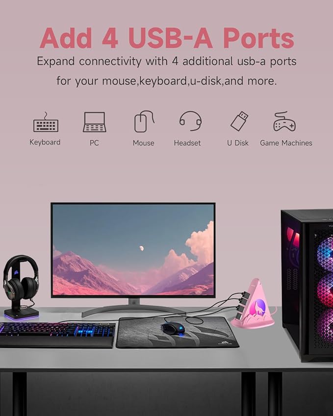 Powered USB Hub 3.0, 6-Port Hub(4 USB 3.0 Data Ports + 2 Smart Charging Ports) with 48W Adapter, RGB Light, Base, Compatible with PC, Laptop, Mac, External Hard Drives, Fast Charging for Phone(Pink)