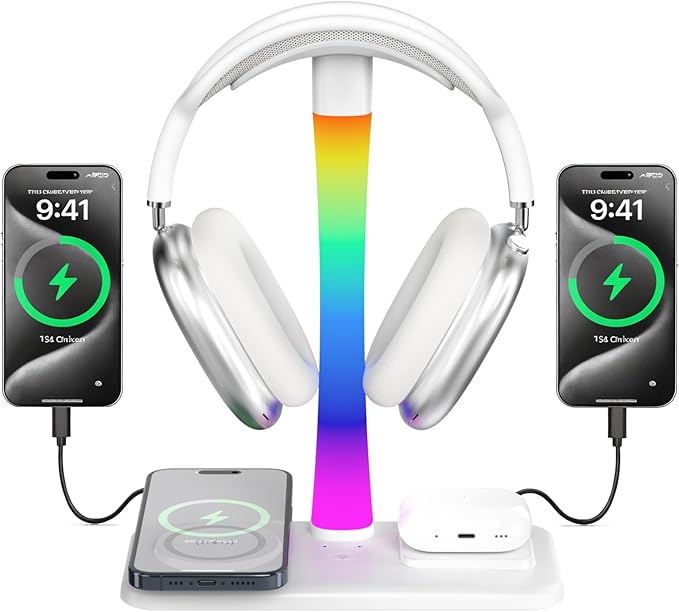 Headphone Stand with Wireless Charger,Gaming Headset Stand with RGB Light Mode,for iPhone17/16/15/14,Gifts for Gamers & Music Lover (White)