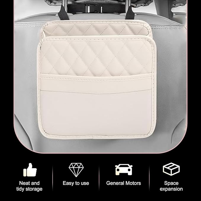 Car Seat Back Organizer, PU Leather Auto Hanging Storage Pocket, Multipurpose Upgrade Waterproof Back Seat Organizer, Travel Essential Accessory, Universal for Most Cars (Beige)