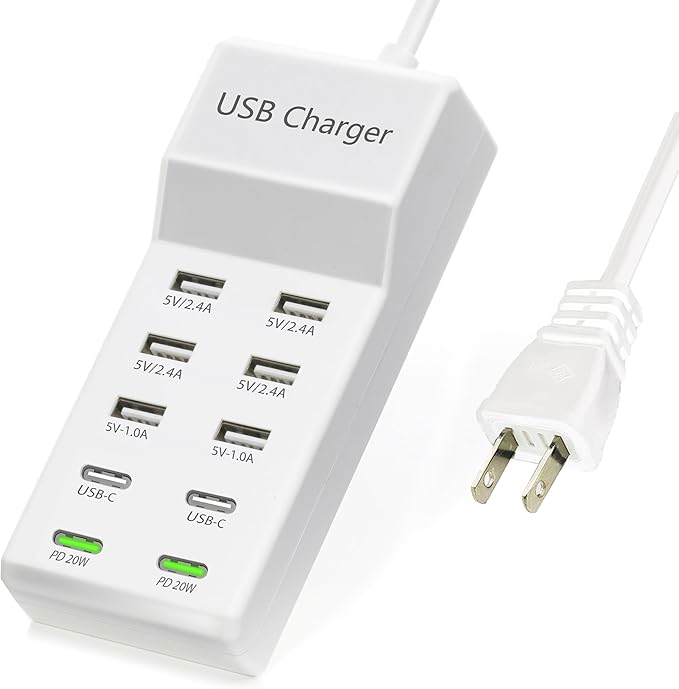 USB Charger,100W USB Charging Station with 10-Port(6 USB-A Port&2 USB-C Port&2 PD20W) Compatible with iPhone 15/14/13/13pro Max 12/12 Mini/12Pro/12 Pro Max/11,Tablets, Smartphones White