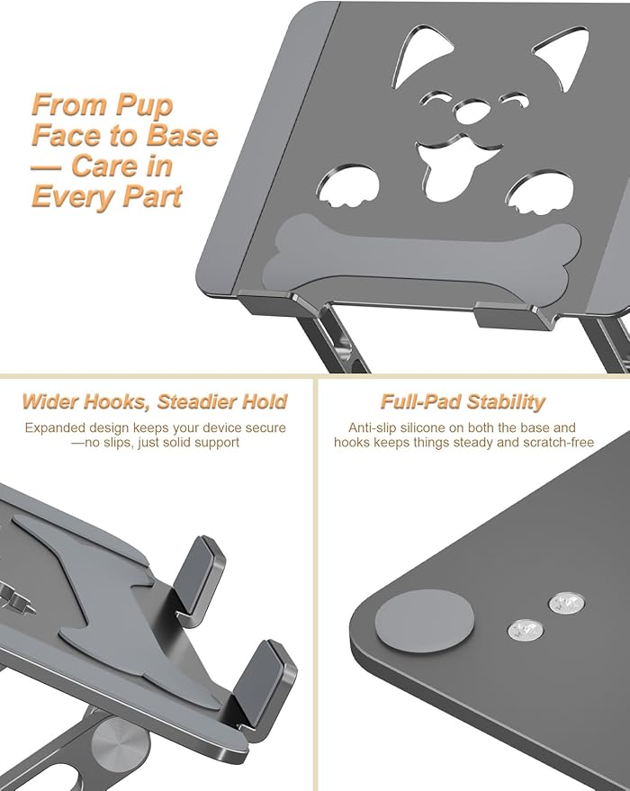 Laptop Stand for Desk-Adjustable, Foldable, Portable, Ergonomic Aluminum Notebook Riser with Unique Puppy Cooling Vent, Desk Gift for 10-17.3" Devices Mac, Dell, HP, Lenovo, Samsung, Gray