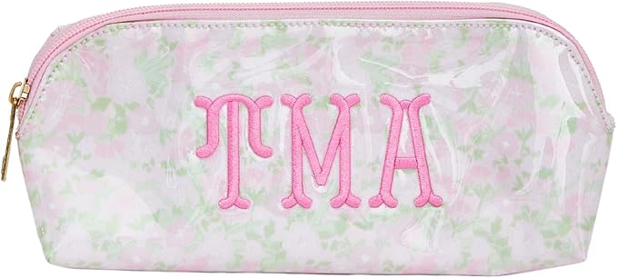Personalized Clear Coated Pouch - Medium or Large Toiletry Bag with Embroidered or Applique Monogram, Custom Makeup or Travel Organizer, Easy-Clean Cosmetic Bag, Travel Gift for Women (Peony, Mini)