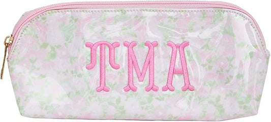 Personalized Clear Coated Pouch - Medium or Large Toiletry Bag with Embroidered or Applique Monogram, Custom Makeup or Travel Organizer, Easy-Clean Cosmetic Bag, Travel Gift for Women (Peony, Mini)