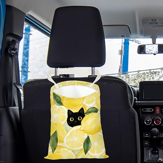 Black Cat Car Trash Bag, Lemon Car Trash Bag Hanging, Lemon Accessories, Summer Decor Waterproof Cars Back Seat Hanging Organizer Garbage Can for Vehicle Travelling Camping