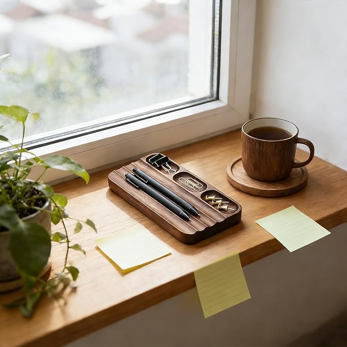Horizontal Pen Holder,Acacia Wood Pen Tray,Desktop Pen Display,Walnut Desk Tray,Paperclip Headphones Eraser Office Stationery Storage,Brown