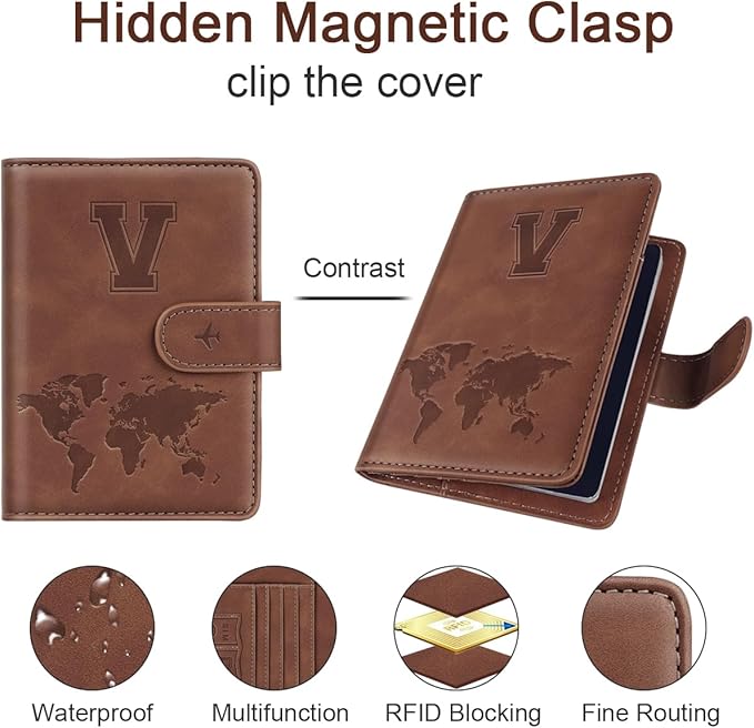 Passport Holder Wallet Cover Personalized Letter A-Z Travel Wallet RFID Blocking Passport Cover Wallet Case for Travel Passport Book Holders for Women and Men, Brown-W