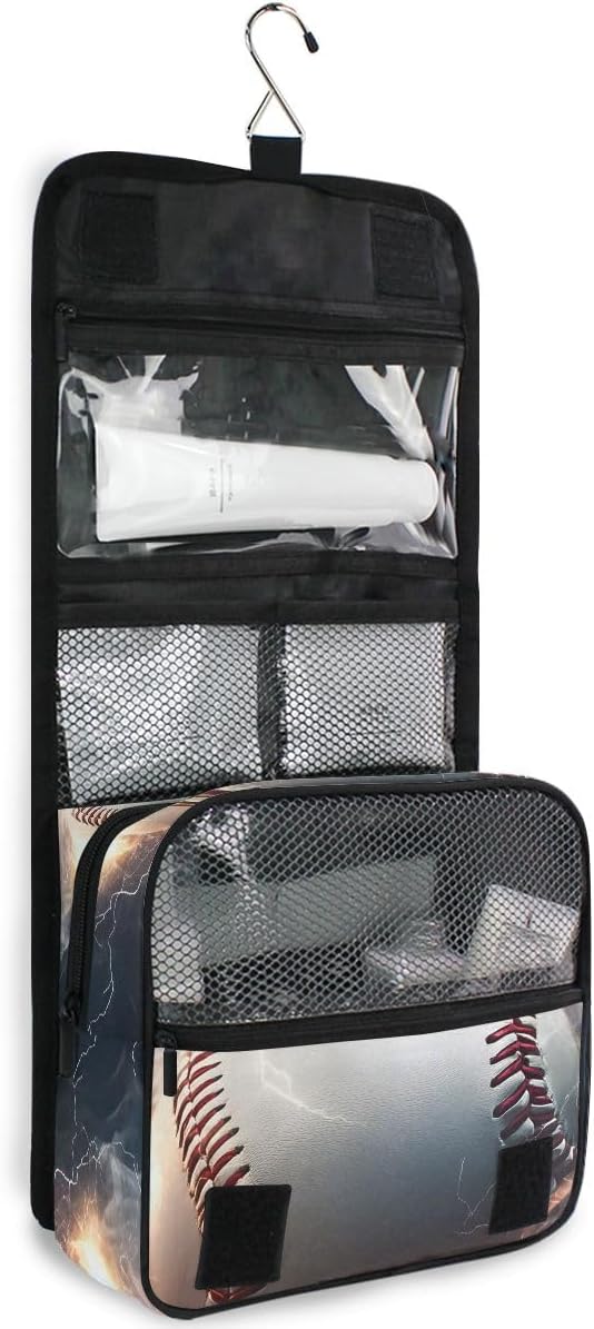 senya Hanging Travel Toiletry Bag Kit Makeup Case Cosmetics Organizer for Men Women (Lightning Baseball)