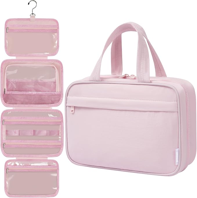 Toiletry Bag for Women, Portable Hanging Organizer, 4 Leakproof Compartments for Full-Sized Conditioners, Brush Sets, Makeup Accessories, Visible and Easy to Access, M, light pink