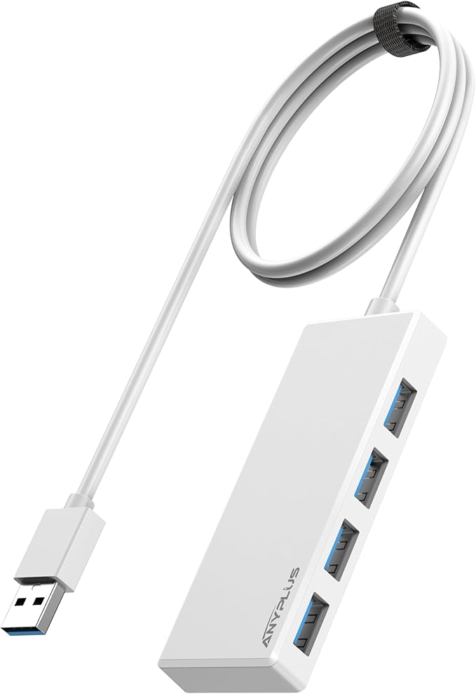 USB Hub, Multiport USB Splitter Adapter, 2 ft Long Cable USB 3.0 Hub, USB Extender for Laptop, PC, iMac, Surface Pro, MacBook, Mac Pro, Flash Drive, XPS, Mouse, HDD【White】, HJ-White-0.5M-001