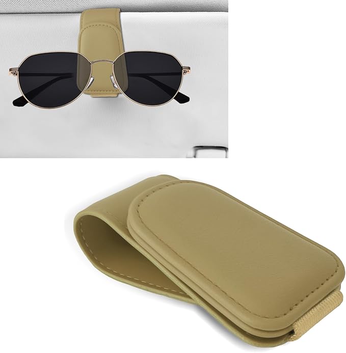 Sunglass Holder for Car, Car Sunglass Holder, Magnetic Leather Sunglasses Holder and Ticket Card Clip, Auto Multi-Functional Sun Visor Eyeglass Holders for SUV Pickup Truck (Beige)