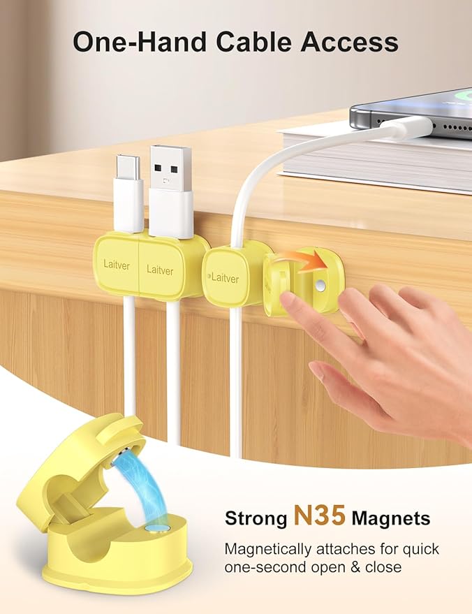 6 Pack Magnetic Cable Clips [1s Open/Lock], Laitver Cord Organizer Holder Strong Adhesive Desk Cable Management- Organize Charging Cords Neatly for Home, Office, Car,Desk, Nightstand-Cream Yellow