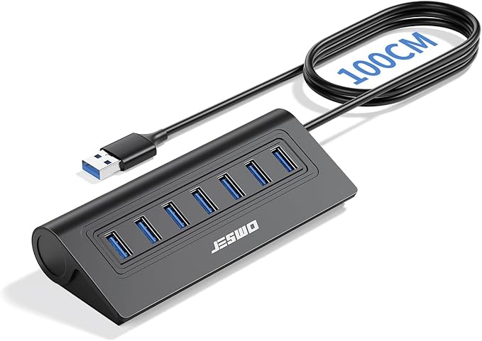 USB Hub 3.0, JESWO Aluminum 7 Port USB 3.0 Hub with 3.3Ft Cable, USB Splitter with 7-USB3.0 Data Ports Compatible with MacBook, Laptop,Surface Pro, PS5, PC and More (No Power Adapter Included)