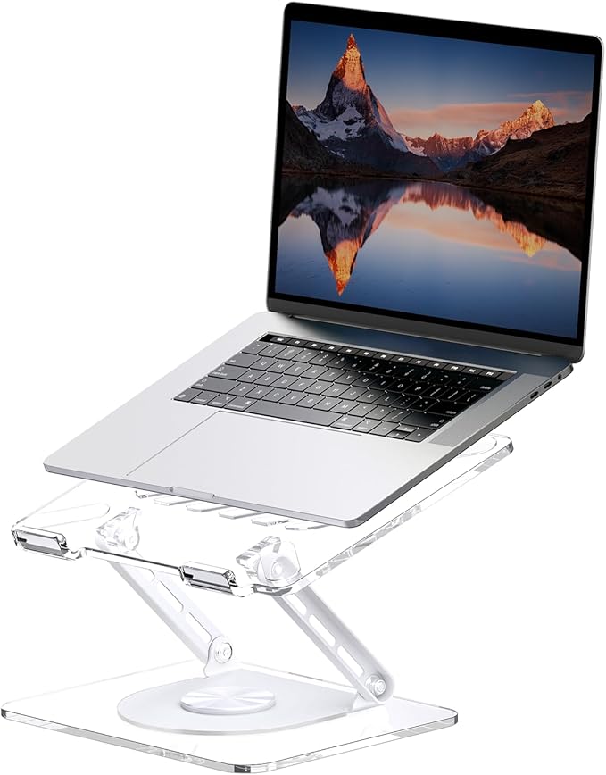 MCHOSE Acrylic Laptop Stand for Desk with 360 Rotating Base Ergonimic Foldable Clear Laptop Riser Compatible with MacBook Pro/Air Notebook up to 16 Inches, Ultra Thick Acrylic Transparent