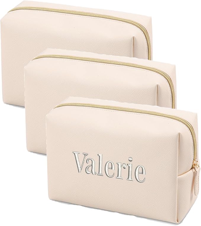 GOPHIE Cusotom Embroidery Travel Makeup Bag Organizer,Cosmetic Bags for Women,Gift For Bachelorette Party,Set of 3,Beige