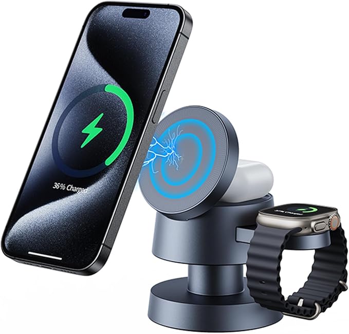 3 in 1 Wireless Charging Station for Apple, Magnetic Charger Stand 15W Fast Mag-Safe Charger Stand for iPhone 16 15 14 13 12 for Apple Watch Adjustable Angle with Night-Lamp