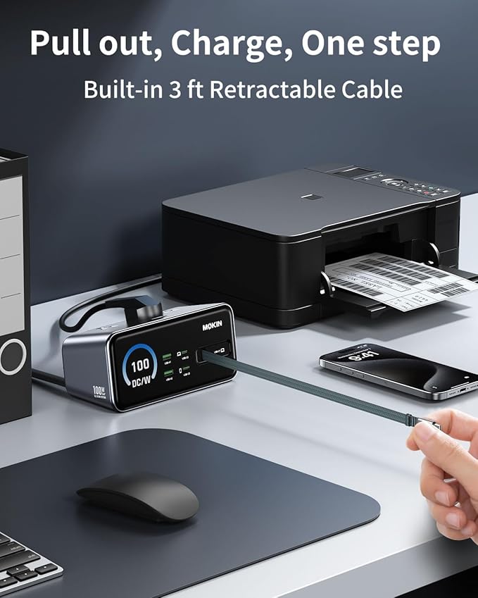 MOKiN 8-in-1 Charging Station 100W GaN, Desktop Charging Station with 3 USB-C, 2 USB-A, 3 AC, 3ft Retractable Cable Charger Station for iPhone 17/16,MacBook Pro, Laptop etc.