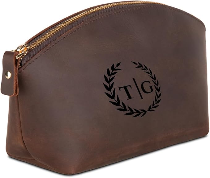 Blade Premium Personalized Genuine Leather Cosmetic Makeup Bag - Wedding Gift for Bridesmaid, Travel Organizer Clutch for Women with Zipper Pouch for Toiletry Essentials (Reddish)