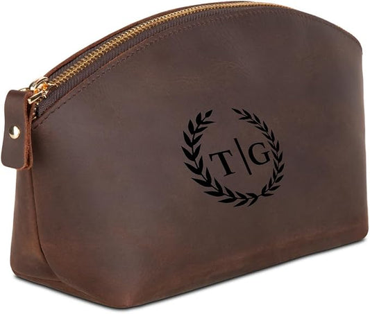 Blade Premium Personalized Genuine Leather Cosmetic Makeup Bag - Wedding Gift for Bridesmaid, Travel Organizer Clutch for Women with Zipper Pouch for Toiletry Essentials (Reddish)
