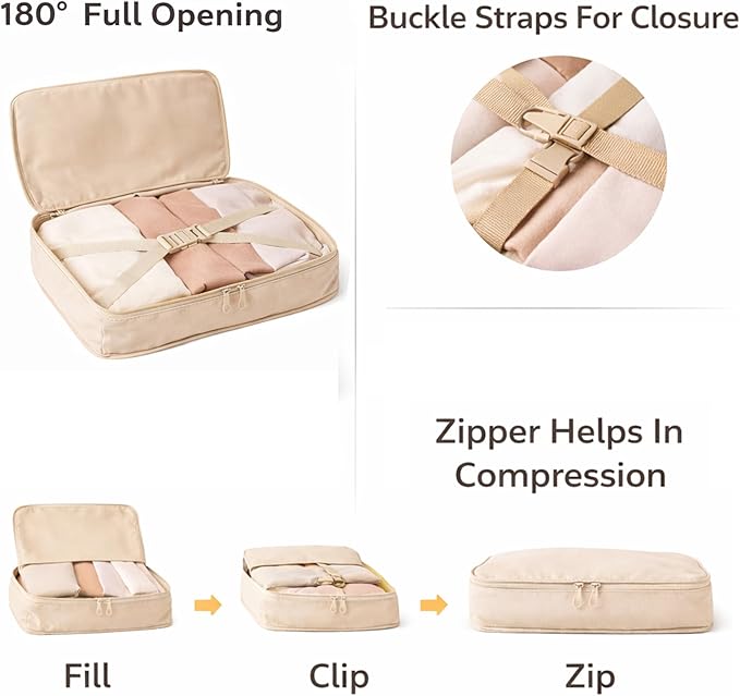 7 Set Packing Cubes For Travel | Luggage Organizer Bags With Shoe, Laundry Bag, Accessory Pouch And Lingerie Bag | Durable And Space Saving Suitcase Organizer For Travel Essentials | Beige