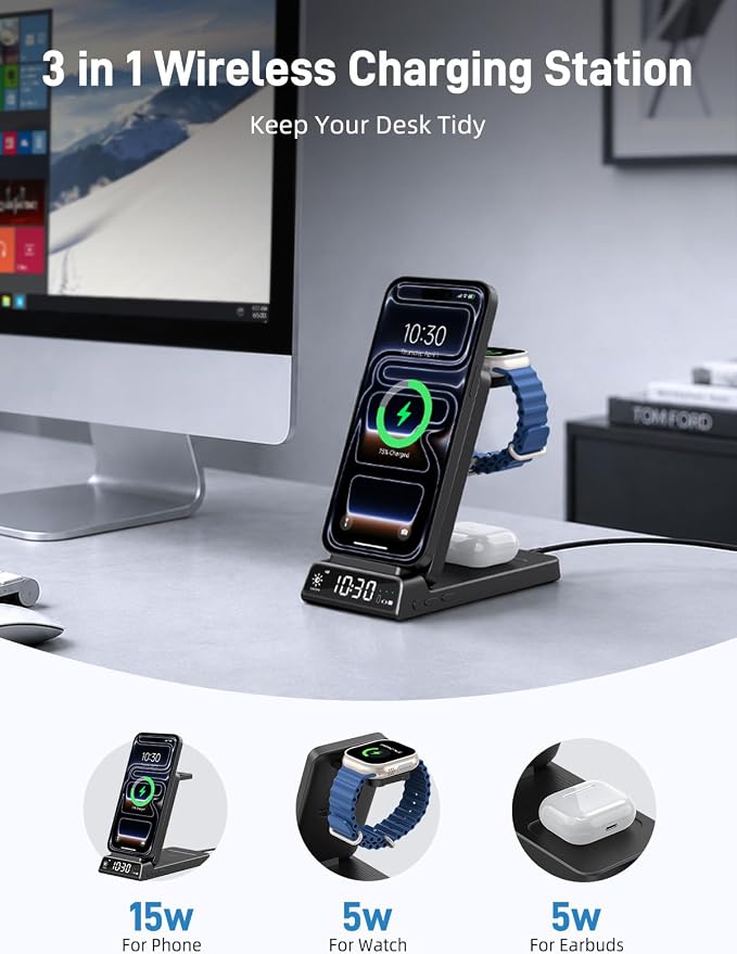 3 in 1 Charging Station for Apple, ELECDOV Magnetic Charger for iPhone, Foldable Wireless Charger with Clock, Travel Watch Charger Stand for iPhone 17/Air/16/15 Series, iWatch 10/AirPods 4