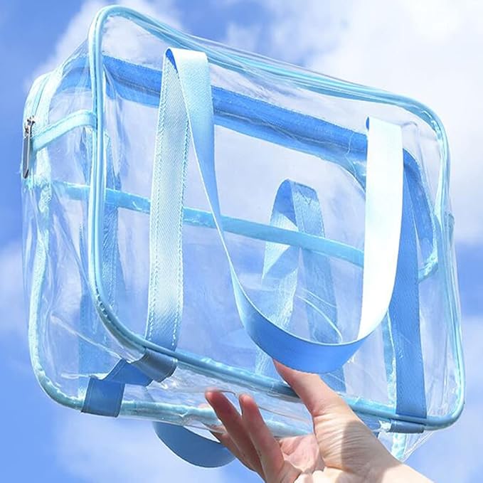 SxoSyo Clear Makeup Bags Large Travel Toiletry Bag for Women Transparent Bag with Handle Clear Cosmetic Bathroom Organizer PVC Zipper Closure Handbag Beach Bag (light blue)