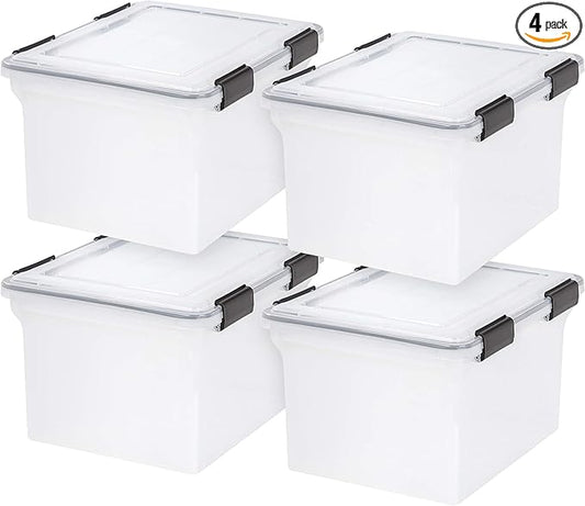 IRIS USA File Box WeatherPro File Organizer Plastic File Box for Letter/Legal File, Water Resistant Document Box, Durable Lid, Seal w/Secure Latching Buckles, Stackable, Nestable, Clear 32 Qt. 4Pack
