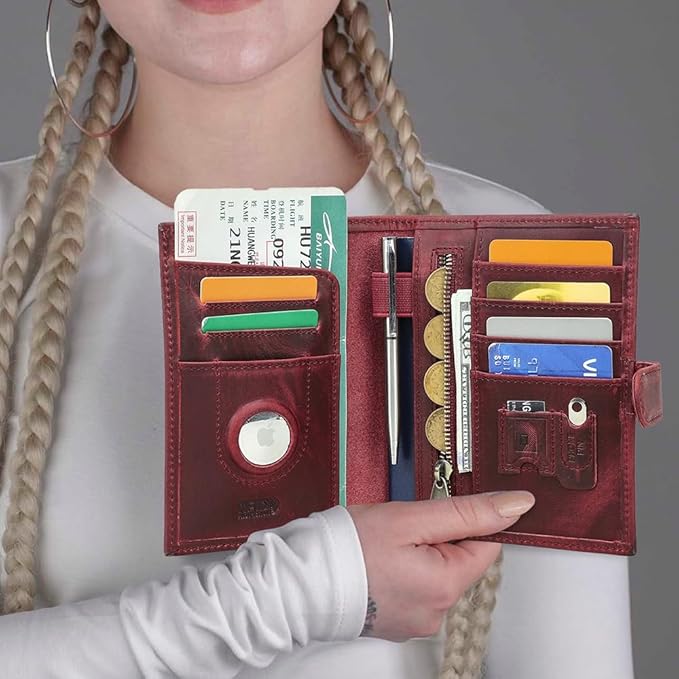 CONTACTS Full Grain Leather Passport Holder Compatible with Airtag RFID Blocking Passport Wallet Travel Slim Passport Cover with SIM Card Removal Tool (Bagde, Red)