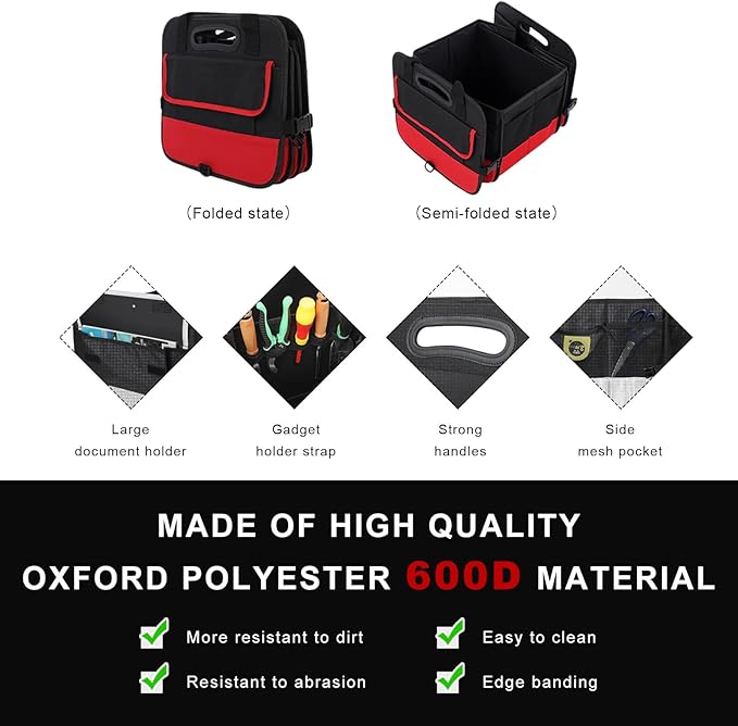Car Trunk Organizer, Large Capacity Collapsible Cargo Organizer with Adjustable Straps Reinforced Handles, Multi-Compartment Trunk Storage Box for Car Truck SUV Sedan (Black & Red)