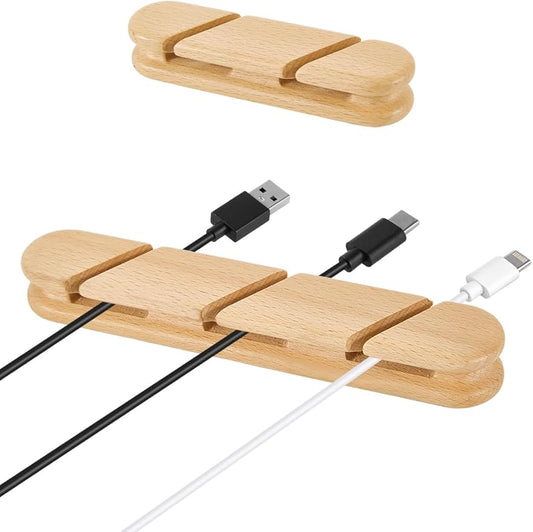 Natural Beech Wood Cable Holder & Cord Organizer, Adhesive Cable Clips for Desk, Under Desk, Wall, Bedside & Car, Wood Cable Management for Home Office, Phone Charging & USB Cables