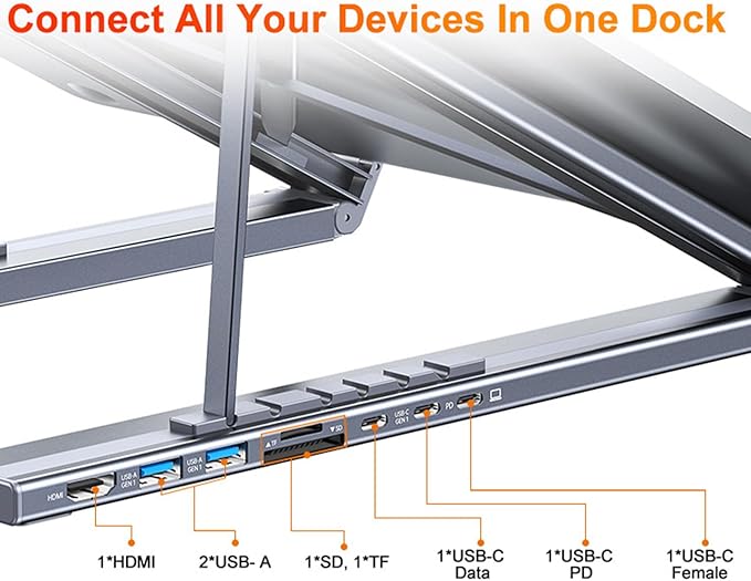 Ergonomic Notebook Dock ??Laptop Stand Workstation | Multiport usb c Adapter 8 in 1 Hub with Fast Charge, Adjustable Height Tablet Holder, Desktop Organizer for Remote Office, Home Study, gameng Setup