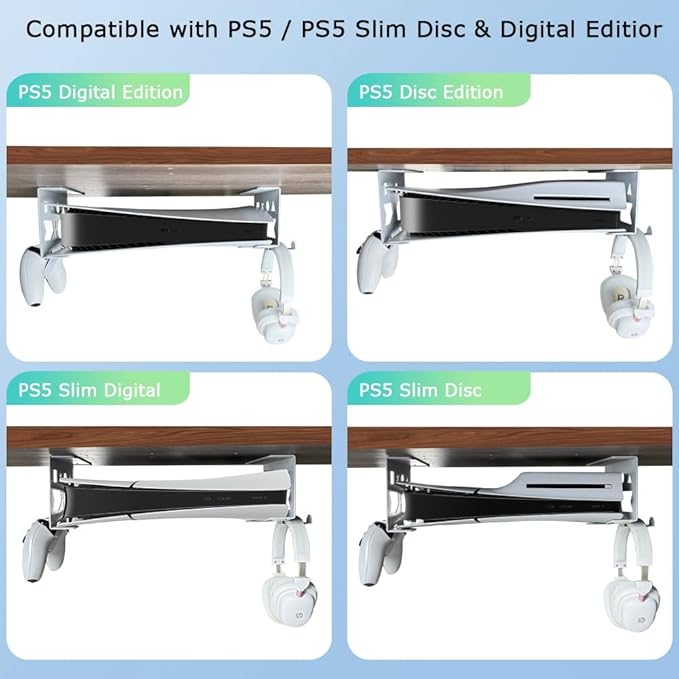 Aluminum Under Desk Mount for PS5/PS5 Slim/ PS5 Pro Digital & Disc, Securing Under Desk Bracket with Detachable Controller & Headphone Holder Kit No Drill (White)