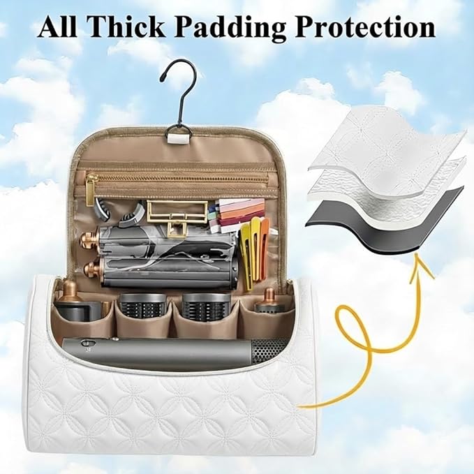 Mancro Padded Travel Case Compatible with Dyson Airwrap Complete Styler and Attachments, Portable Storage Bag with Metal Hanging Hook for Airwrap All Models, Long Barrel, White