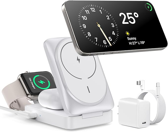 3 in 1 Wireless Charger Charging Station for iPhone,Travel Foldable Magnetic 15W Fast Wireless Charger Stand for Mag-Safe with 30W USB C Adapter for iPhone 17/16/15/14/13/12,Apple Watch,AirPods