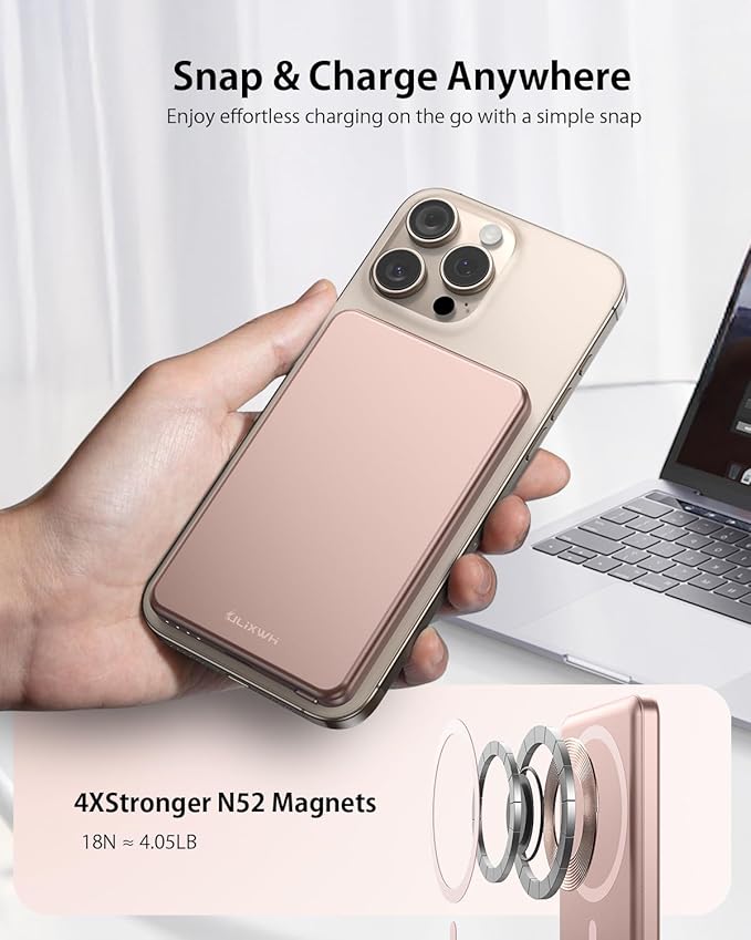 [0.3" Ultra Slim] [Alloy-Made] ULiXWH for Magsafe Portable Charger for iPhone, 2026 Upgrade 5000mAh Fast Charging Magnetic Power Bank, Wireless Battery Pack for iPhone 17 Air 16 15 Pro Max 14 13, Pink
